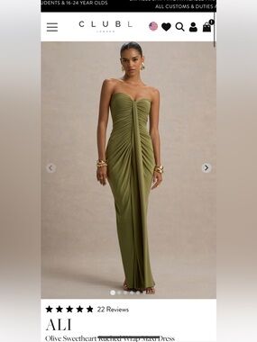 ALI Olive Sweetheart Ruched Wrap Maxi Dress Club London